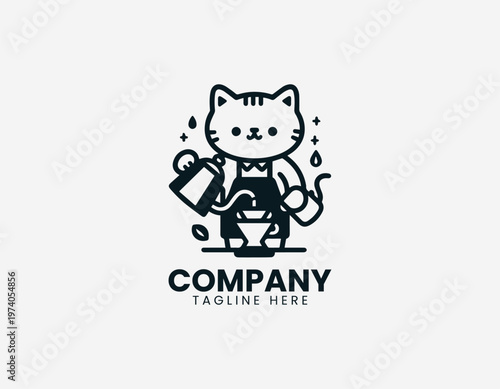 Cute cat preparing coffee with pour over method representing cafe lifestyle and beverage making activity in clean minimalist black vector illustration style on white background