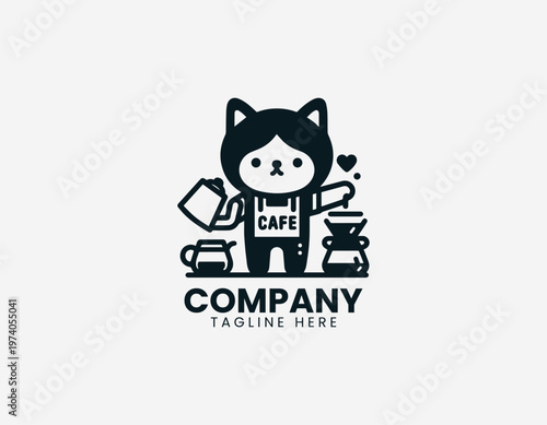 Cute cat preparing coffee with pour over method representing cafe lifestyle and beverage making activity in clean minimalist black vector illustration style on white background