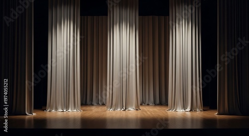 Stage curtains in spotlight with glossy wood floor and dark background