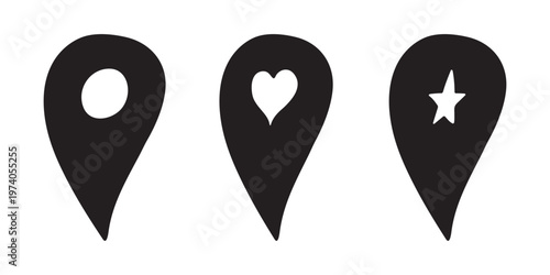 Set of hand drawn map pin Map marker pointer sign GPS and mapping tools Location pin symbol Pinpoint clipart in doodle style Single element for web, design