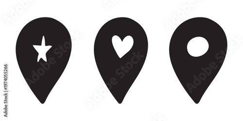 Set of hand drawn map pin Map marker pointer sign GPS and mapping tools Location pin symbol Pinpoint clipart in doodle style Single element for web, design