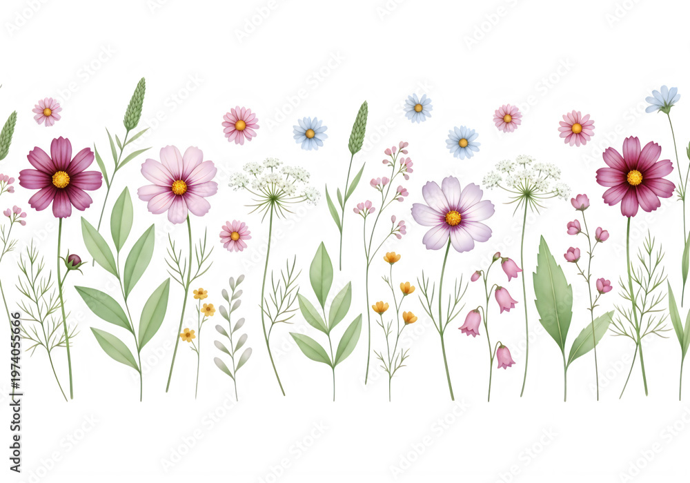 Obraz premium Watercolor wildflowers and greenery border with delicate blossoms, isolated on transparent background