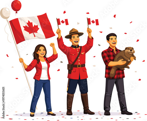 Diverse group of Canadians celebrating Canada Day with national flags, an RCMP officer, and a beaver