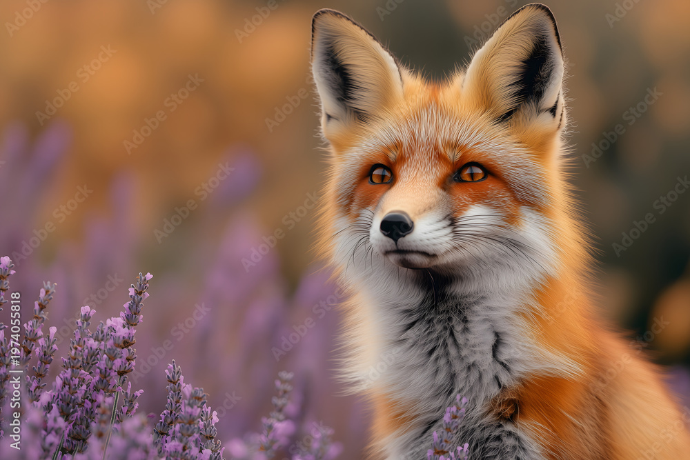 Obraz premium Red fox standing among purple wildflowers in warm golden light, creating a charming wildlife portrait with soft background blur and natural woodland beauty.