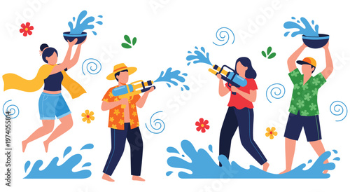 Happy young adults celebrating songkran, thai new year, engaging in water fights with squirt guns and bowls, splashing water, enjoying the festive atmosphere and traditions.