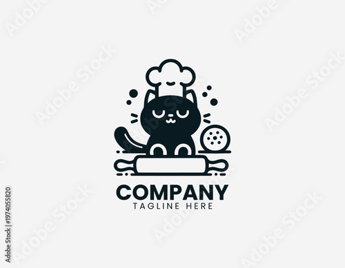 Cute cat wearing chef hat sitting with dough and rolling pin representing baking activity and cozy kitchen lifestyle in clean minimalist black vector illustration style on white background