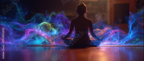 Woman meditating with colorful energy effect indoors