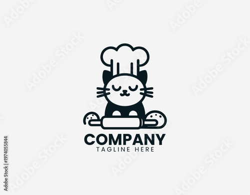Cute cat wearing chef hat sitting with dough and rolling pin representing baking activity and cozy kitchen lifestyle in clean minimalist black vector illustration style on white background