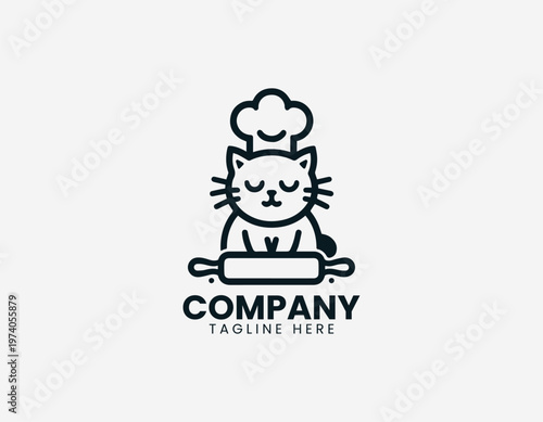 Cute cat wearing chef hat sitting with dough and rolling pin representing baking activity and cozy kitchen lifestyle in clean minimalist black vector illustration style on white background
