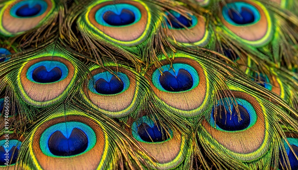 Fototapeta premium Close-up of intricately detailed peacock feathers, showcasing vibrant colors and patterns