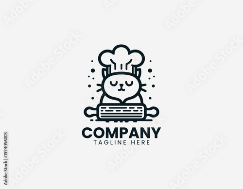 Cute cat wearing chef hat sitting with dough and rolling pin representing baking activity and cozy kitchen lifestyle in clean minimalist black vector illustration style on white background