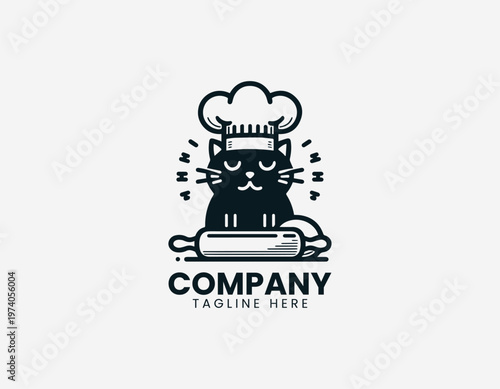 Cute cat wearing chef hat sitting with dough and rolling pin representing baking activity and cozy kitchen lifestyle in clean minimalist black vector illustration style on white background