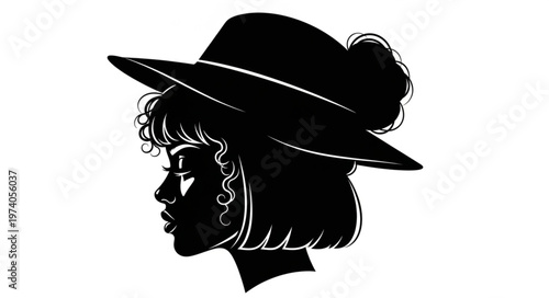 Silhouette of a Stylish Woman with Hat and Curly Bob Hairstyle.