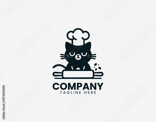 Cute cat wearing chef hat sitting with dough and rolling pin representing baking activity and cozy kitchen lifestyle in clean minimalist black vector illustration style on white background