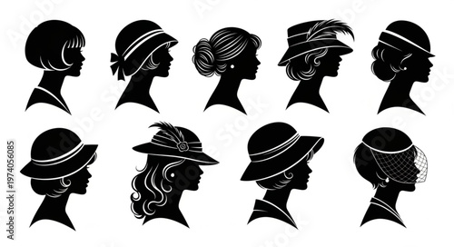 Silhouettes of Women Wearing Vintage Hats - A Fashionable Collection.