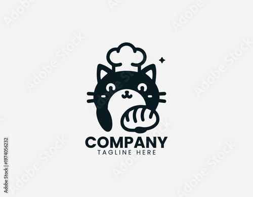 Cute cat wearing chef hat holding bread representing playful bakery concept and cooking lifestyle in clean minimalist black vector illustration style on white background