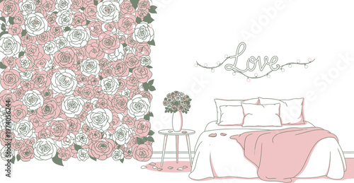 A comfortable bedroom interior featuring a wedding dress and shoes with flowers on a white bed alongside elegant furniture and home decor