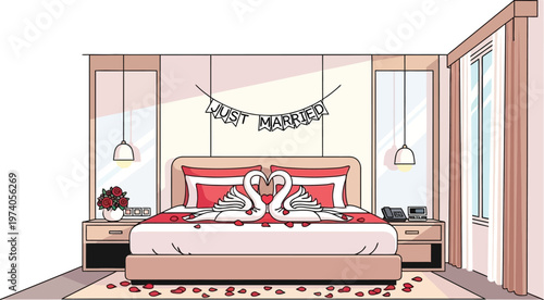 Luxury bedroom interior featuring a comfortable bed with pillows and blankets, elegant furniture, a lamp, and a clean window design in a modern home or hotel apartment