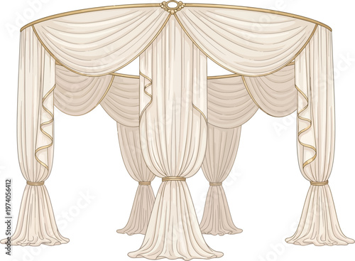 Luxurious golden velvet curtains isolated on a white background serve as a premium textile backdrop for theater, opera, or cinema stage performances and elegant home window interior design
