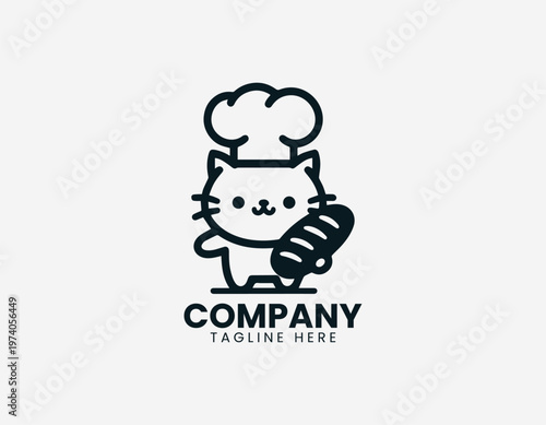 Cute cat wearing chef hat holding bread representing playful bakery concept and cooking lifestyle in clean minimalist black vector illustration style on white background