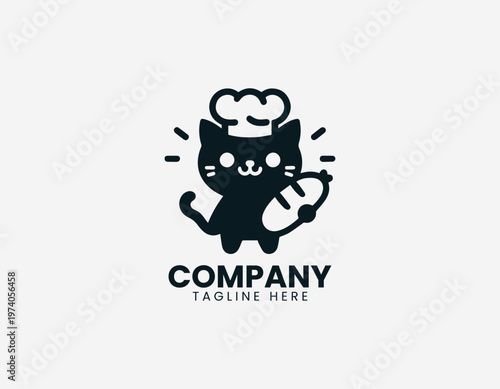 Cute cat wearing chef hat holding bread representing playful bakery concept and cooking lifestyle in clean minimalist black vector illustration style on white background
