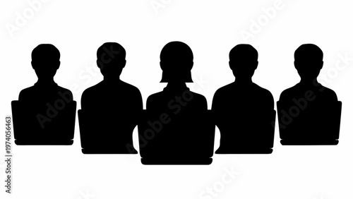 Vector set of five black silhouettes of people attending a meeting or event in a row