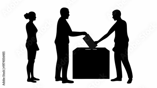 People in black silhouette voting at ballot box with white background