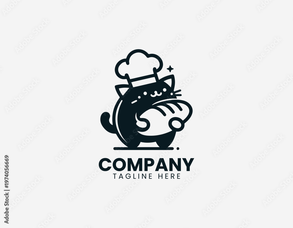 Fototapeta premium Cute cat wearing chef hat holding bread representing playful bakery concept and cooking lifestyle in clean minimalist black vector illustration style on white background