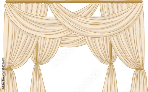 Elegant golden velvet drapes layered with white curtains create a classical theatrical stage backdrop for an opera or cinema performance