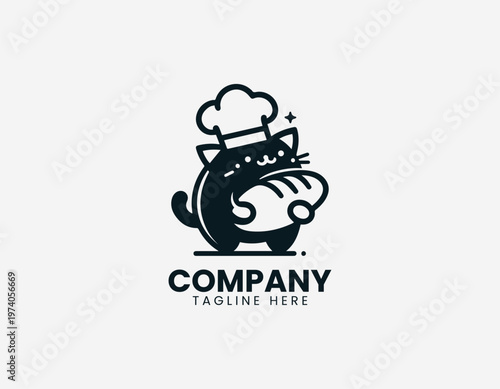 Cute cat wearing chef hat holding bread representing playful bakery concept and cooking lifestyle in clean minimalist black vector illustration style on white background
