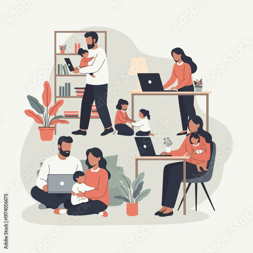 Family Working Remotely with Laptops and Babies.