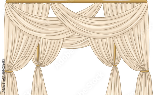 Elegant golden velvet stage curtains draped over a white backdrop provide a classical theatrical design for luxury entertainment events and opera performances