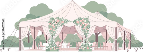 A cartoon vector illustration of a horse near a circus marquee tent and carousel under a summer sky in a fun mountain landscape with carnival flags and fair architecture