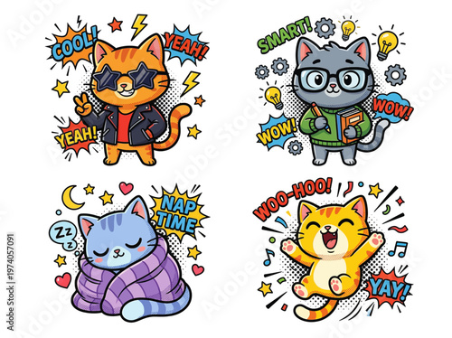 Set of four cute cat characters depicted in a flat 2D chibi art style, each expressing distinct emotions and activities like coolness, intelligence, sleepiness, and excitement