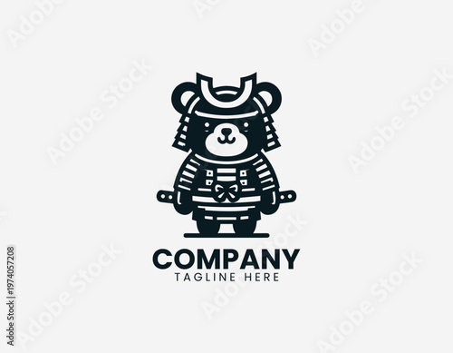 Cute bear wearing samurai armor holding sword representing playful character mascot and cultural warrior theme in clean minimalist black vector illustration style on white background