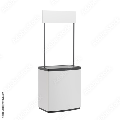 Foto Promotional booth stand marketing, white blank counter with header board, three-quarter perspective view, isolated on transparent background, for trade show displays and branding mockups