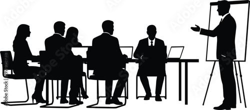 Business meeting silhouette with presenter and team discussion, corporate training concept, office conference scene, teamwork, leadership, professional communication, seminar presentation illustration