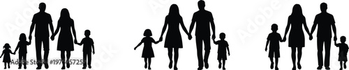 Family silhouettes set showing parents and children holding hands, diverse family groups, parenting concept, unity, love, togetherness, human relationships illustration