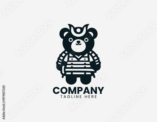 Cute bear wearing samurai armor holding sword representing playful character mascot and cultural warrior theme in clean minimalist black vector illustration style on white background
