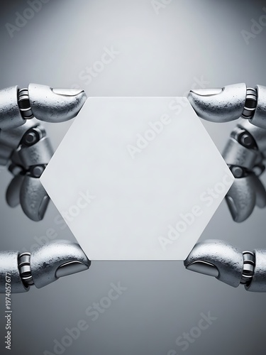 Robotic arms delicately handling a blank hexagon in a neutral backdrop