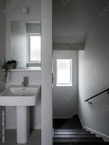 Serene minimalist interior featuring washbasin and stairway illuminated by natural light