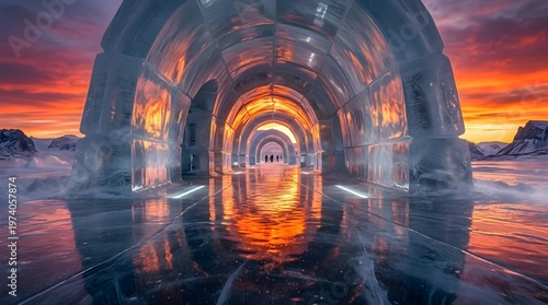 Low Angle Grand Igloo Entrance Tunnel Reflects Fiery Sky Colors Across Its Gloss Polished Walls