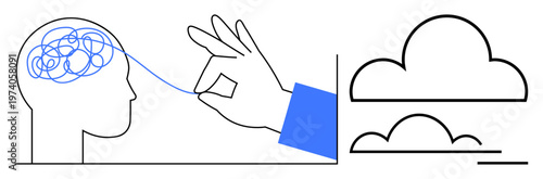 Mental clarity, problem solving, emotional support, therapy, mindfulness, mental health awareness. Hand unraveling tangled lines in a head, minimalist style clouds. Mental clarity and problem solving