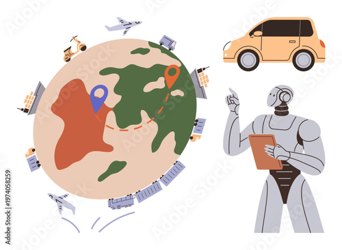 Logistics automation, transportation systems, global delivery, supply chain, AI management, robotics. Robot analyzing logistics data with a globe, vehicles planes and shipping icons. Logistics