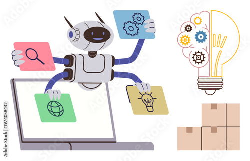 Artificial intelligence, automation, problem-solving, technology, logistics, workflow management. A robot handling tasks with a lightbulb, gears and cargo boxes. Artificial intelligence