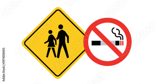 Flat 2D vector illustration featuring essential public safety signs a pedestrian crossing warning and a no smoking prohibition symbol