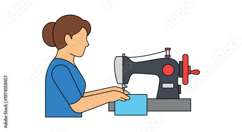 Woman operating a sewing machine to stitch fabric in a flat vector illustration