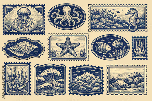 Illustration of Vintage Blue Ocean Sea Creatures Stamps with Marine Life and Starfish Designs