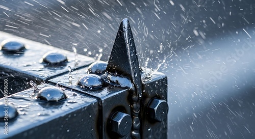 Steel fence with sharp metal spikes in the rain