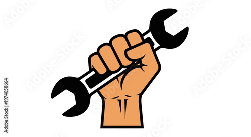 Hand holding a wrench, symbol of repair, maintenance, and mechanical work, representing strength and problem-solving in industry